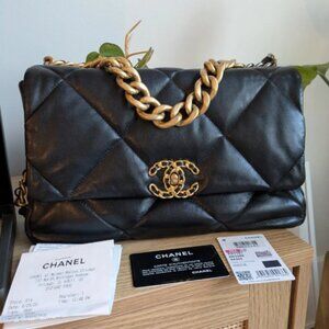 Chanel 19 Large Goatskin Quilted Flap Bag Black Authentic